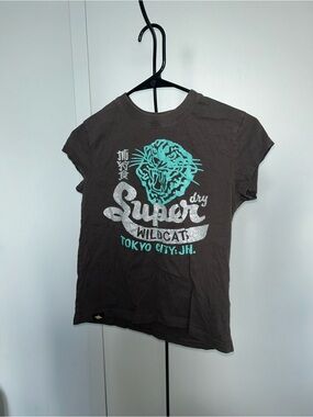 Superdry Grayish-Brown Tee with rhinestone Wildcat Graphic